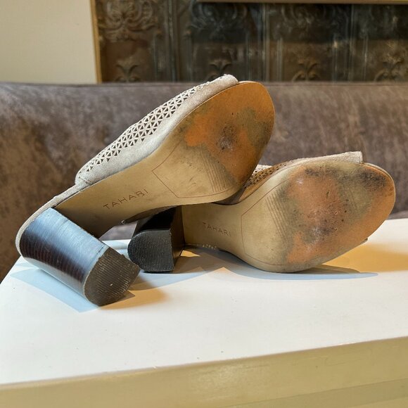 Tahari Taupe Grey Suede Slingback Mule Heels - Picture 5 of 12